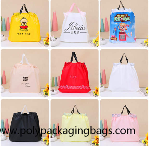 Gravure Printing 0.07mm Thickness LDPE Plastic Drawstring Shoes Packaging Bags With Handle