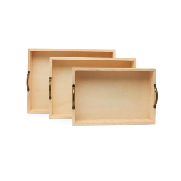 Set of 3 Customized Unfinished Multifunctional Exquisite Fashion Durable Wood Nesting Serving Trays with Handles