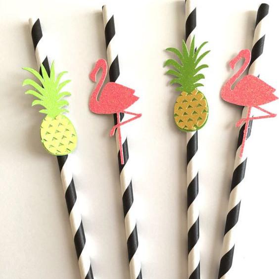 Custom Sticker Flamingo and Pineapple Pattern Paper Straws for Party Bar Accessories