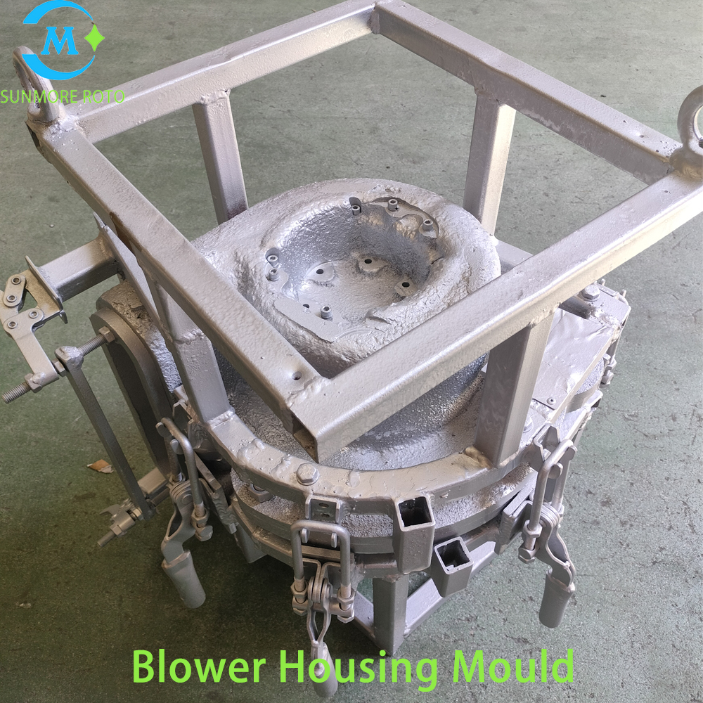 SUNMORE ROTO Custom Cast Aluminum Blower Housing Rotomolding Mould, OEM Hollow Plastic Fan Shell Rotational Mold With Integral Lifting Frame & Multi-Point Quick Clamps