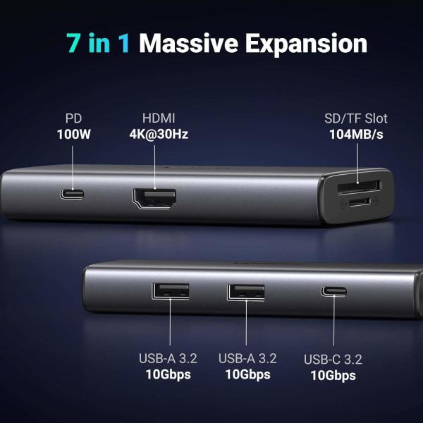 Revodok Pro 107 USB-C Hub 7 in 1 10Gbps USB C 3.2 & 2 USB-A 3.2 4K-HDMI, 100W Power Delivery, SD/TF Card Reader