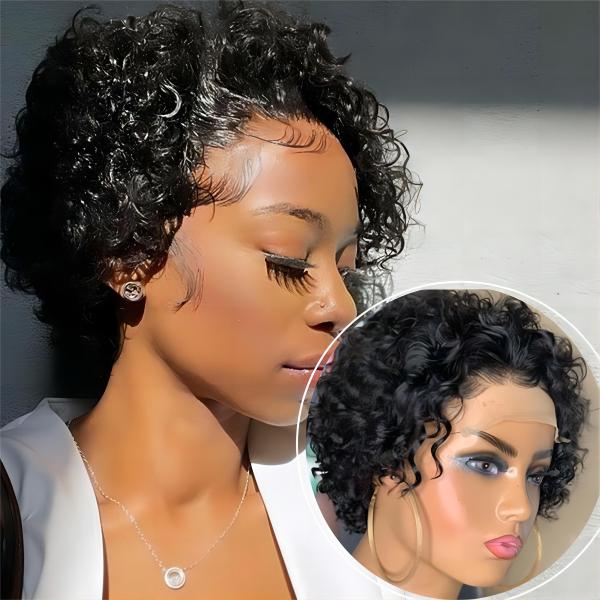 8inch Human Hair Wigs 360 Lace Front Pixie Curls Wig for Soft and Shiny Hair