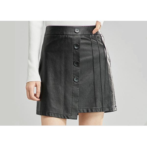 Black PU Skirt Ladies Dress Skirt Short Style Pleather Slim Dress button through Placket