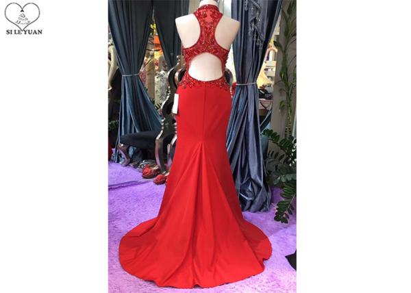 Luxury Red Mermaid Style Prom Dress Beading Hanging Neck Back Hollow Fishtail