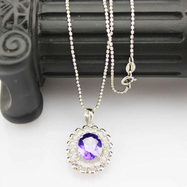 925 Silver 9mmx11mm Oval Amethyst Cubic Zircon Pendan Silver Chain  Necklace (PSJ0178)