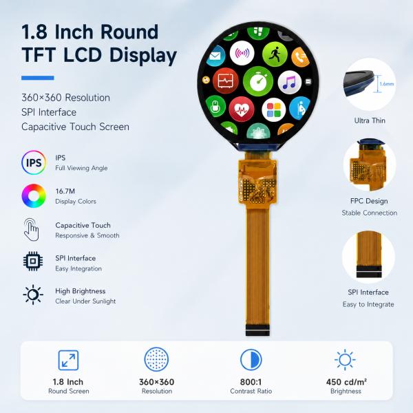 1.8 Inch Round TFT LCD Display 360x360 SPI Interface Display With Capacitive Touch Screen