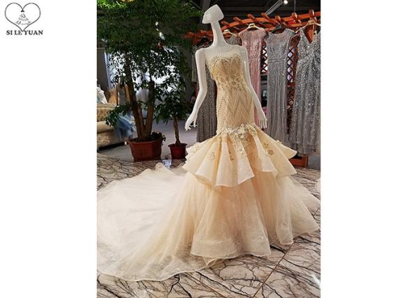 Puffy Tailor Made Prom Dresses / Champagne Fishtail Prom Dress Lace Flowers