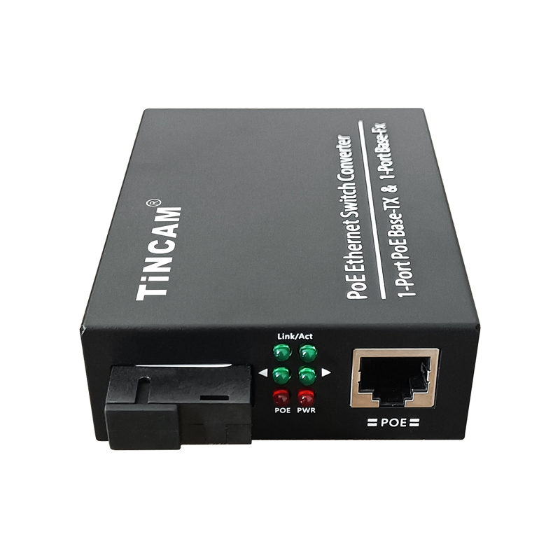 TiNCAM 10/100Mbps 1 Fiber 1 PoE Port Fiber Media Converter IEEE 802.3af/at 20km