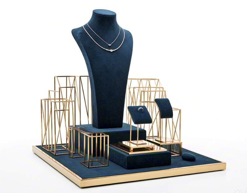 Modern Geometric Jewelry Display Stand with Navy Blue Velvet Lining and Brushed Gold Metal Frame
