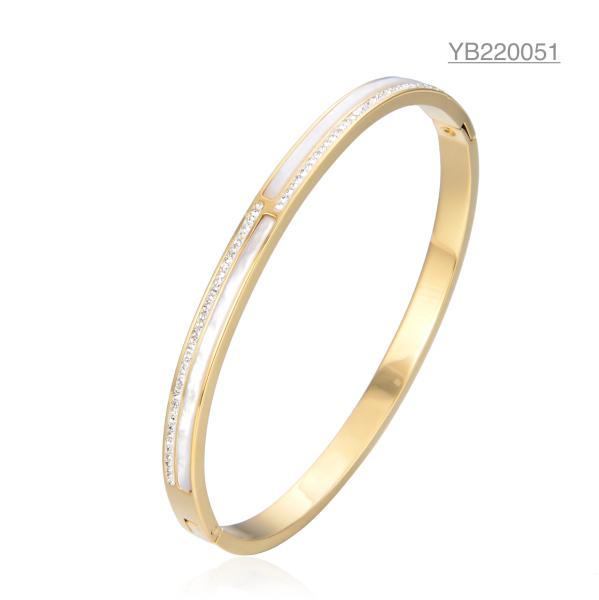 14k Gold Stainless Steel Bangles Distinct Shell Inlaid White Rhinestone Bracelet