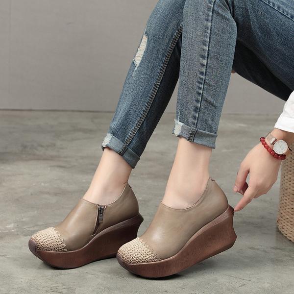 S167 new first layer cowhide ethnic style literary platform single shoes handmade cotton and linen woven platform women'