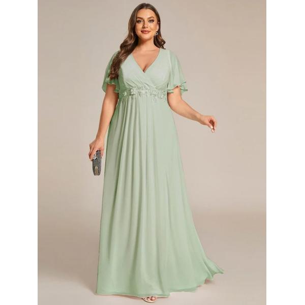 Empire Plus Size Applique Short Sleeve A-line V-neck Flutter Sleeves Invisible Zipper Navy Blue Chiffon Evening Dress