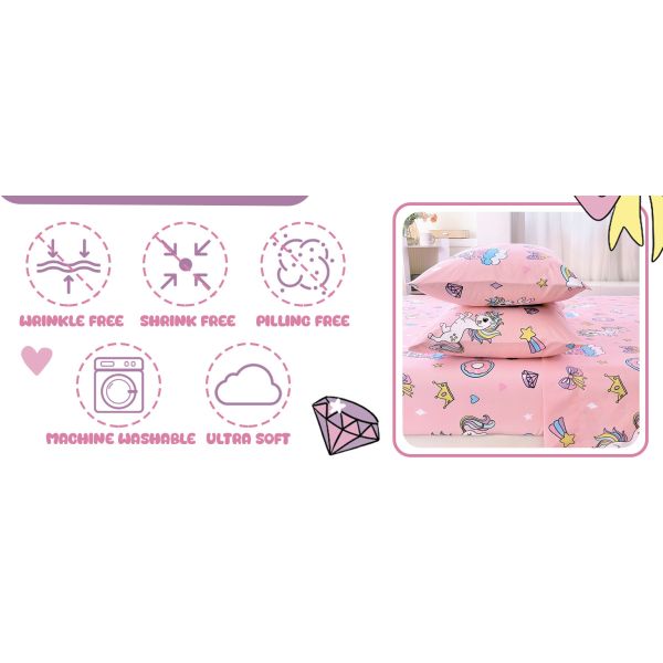 Kids Pink Unicorn Sheet Set With Deep Pockets, Breathable, Wrinkle-Free Bed Sheet Set