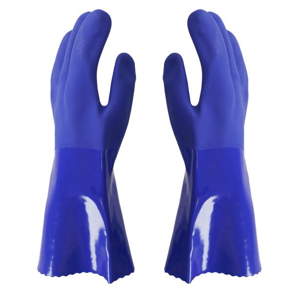 35cm Blue PVC Chemical Resistant Gloves With Sandy Finish And Cotton Liner