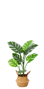 Artificial Bird of Paradise Plants 6 Ft Fake Tropical Palm Tree with Trunks in Pot and Woven Seagrass Belly Basket