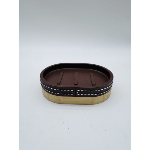 Polyresin bathroom accessories set round with leather effect and bamboo resin lotion pump bottle bath set