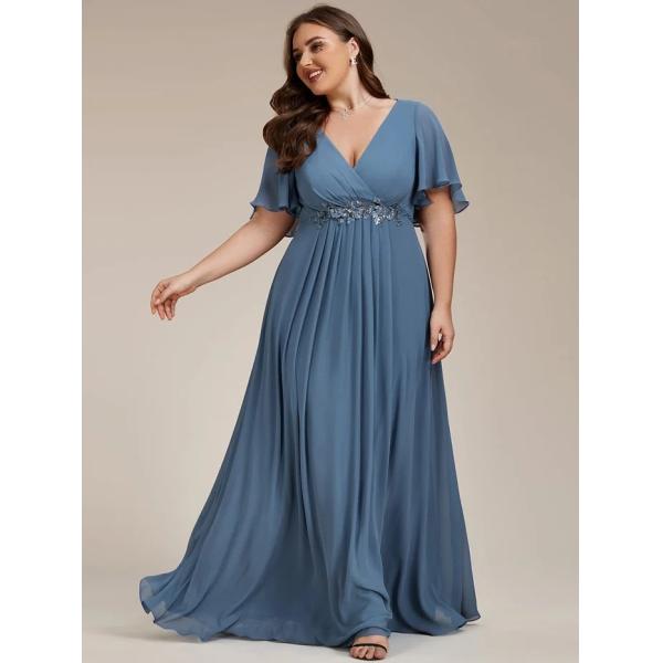 Empire Plus Size Applique Short Sleeve A-line V-neck Flutter Sleeves Invisible Zipper Navy Blue Chiffon Evening Dress