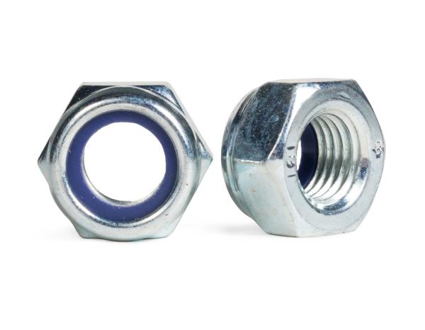 Acier au carbone bleu blanc galvanisé hexagonal auto-verrouillage écrous zinc plaqué DIN985 DIN982