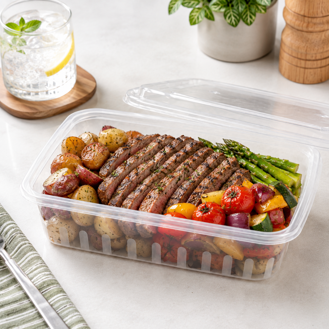 Rectangular Roast Meat PP Takeaway Food Box with Lid Transparent 1200ml