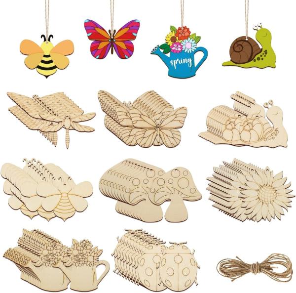 Wooden Ornaments to Paint 8 Styles DIY Blank Unfinished Wood Cutouts Ornament for Home Crafts Hanging Decorations