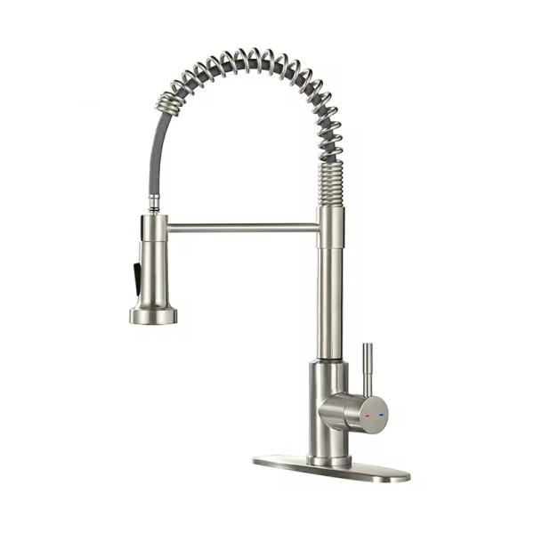 Deck Mounted Single Handle Pull-Down Kitchen Faucet in Brushed Nickel with Hole Cover