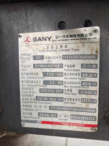 Original Sany 49m Concrete Pump Truck with Volvo Chassis Used 2020