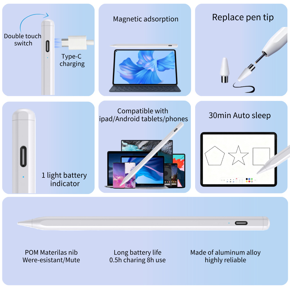Double-tap Touch Switch Free 3 Pen Tip Universal Stylus Pencil Suitable Most Android and IOS Mobile and Tablet Devices