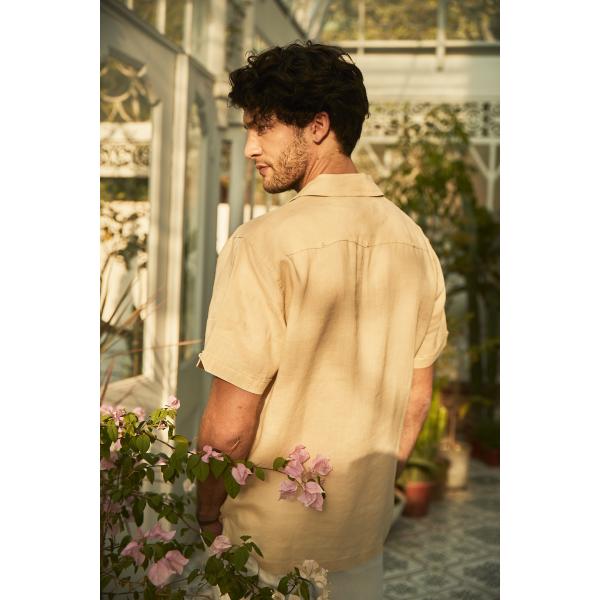 Ramie Men's Casual Short Sleeve Shirts Cuban Dress Apricot Loose