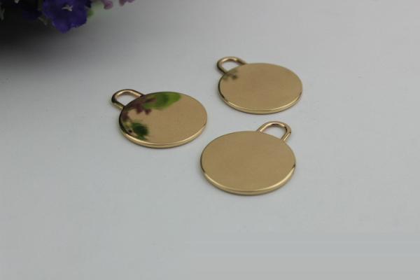 Excellent quality zinc alloy light gold small flat round shape metal label plate for handbag