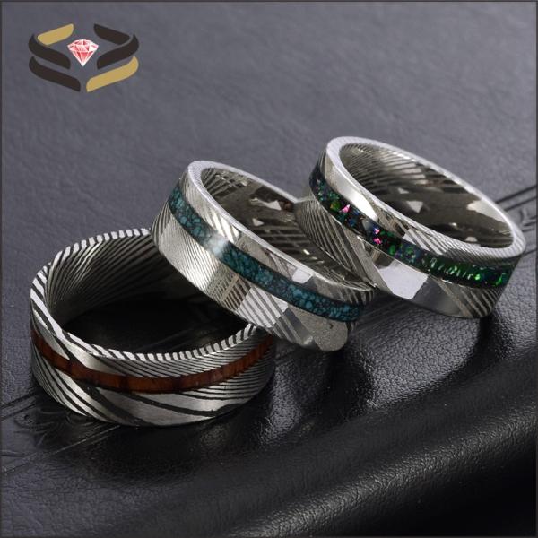 Round Flat Men Damascus Steel Wedding Bands 8mm With Meteorite And Dinosaur Bone Inlay