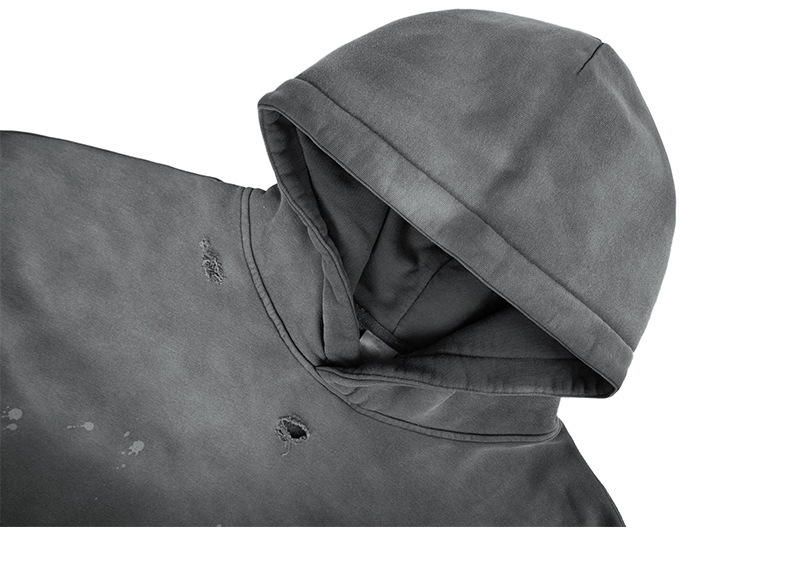 400G Heavyweight Fleece Lined Gradient Washed Distressed Hoodie, Oversized American Retro Pullover Hooded Sweatshirt 4 Colors Cross-Border Wholesale