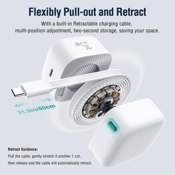 Eu Plug 35W PD GaN Type C Desktop Power Adapter с магнитным выдвижным кабелем