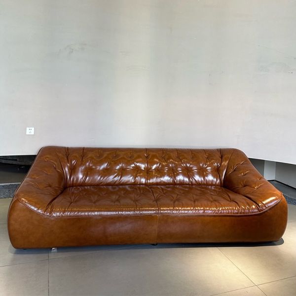 Vintage Brown Leather Couch Set Pine Wood Frame Leisure Sofa Sectional for Villa