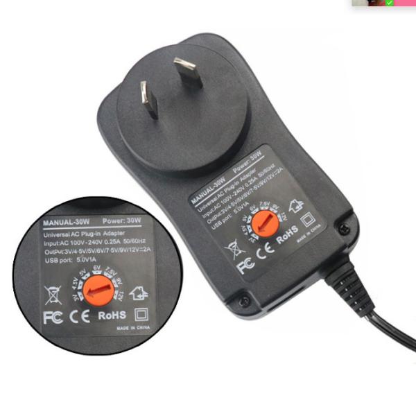 30W Interchangeable Plug Power Adapter with Constant Voltage Output 3-12V AC100-240V