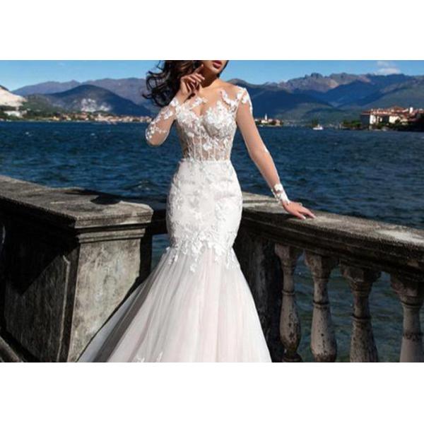 Unique White Long Sleeve Lace Bridal Gowns Perspective Waist Back Long Fishtail