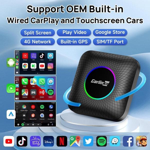 Multi-média TBox Dongle ambiant Android 13 SDM660 Adapteur sans fil CarPlay Android Auto 128GB FOTA Mise à niveau SIM TF Ai Box