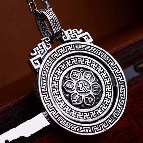 Sterling 925 Silver Vintage Buddhism Blessings Charm Pendant Necklace for Women Men (060396)