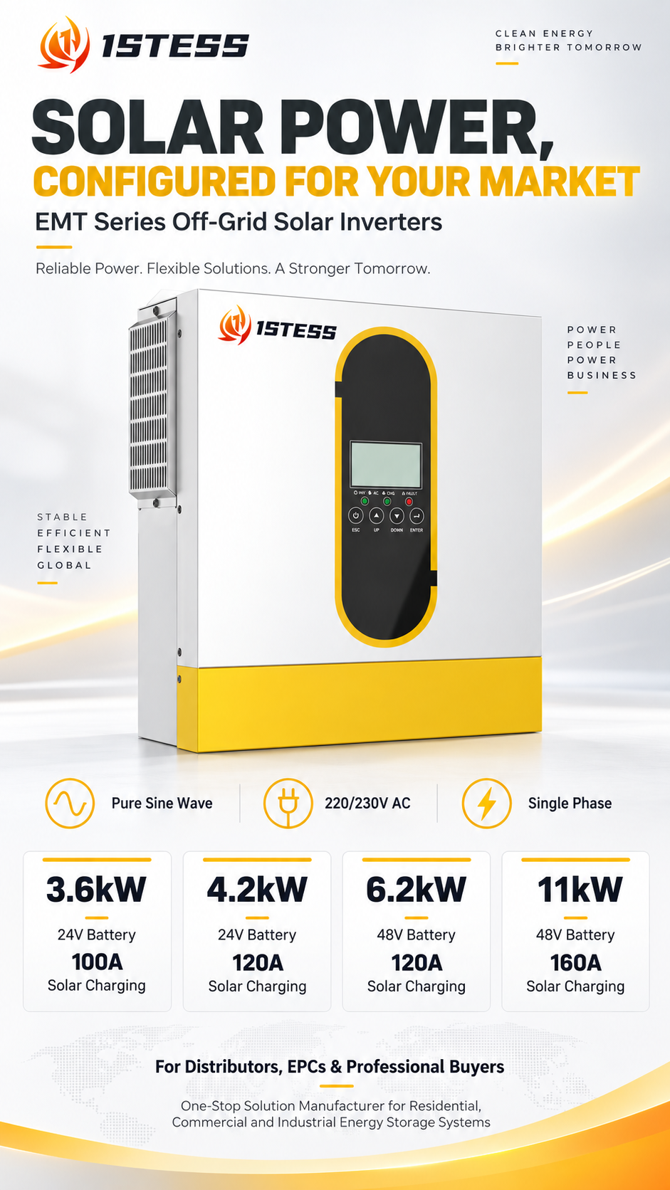 1stess EMT Series 3.6kW–11kW Off-Grid Solar Inverter with MPPT and Dual Outputs
