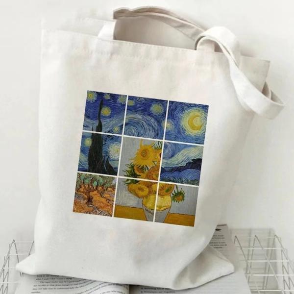 Grocery Shopping Tote Custom Printing Eco Canvas Handbag With VAN GAGH Painting