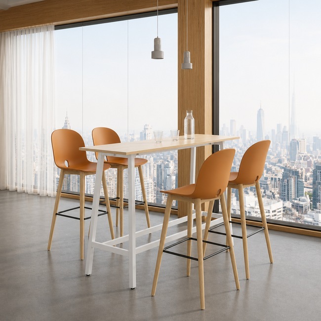 Modern Bar Table With Wood Grain MFC Top Metal Legs For Hospitality Spaces