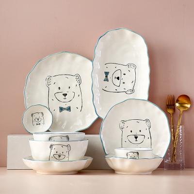 Ensemble en céramique drôle de vaisselle d'ours bleu viable avec la technique vitrée