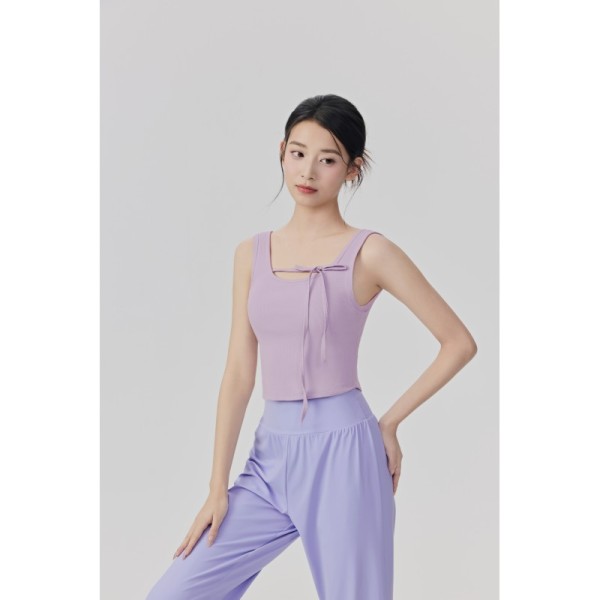 Ribbed Knit Black Cropped Yoga Tank Top with Built-in Bra and Decorative Bow for Workout and Casual Wear