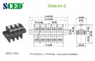 Alimente através do conector 600V 40A 13.00mm do bloco terminal de parafuso de PBT