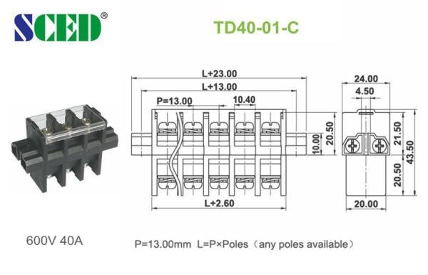 Alimente através do conector 600V 40A 13.00mm do bloco terminal de parafuso de PBT
