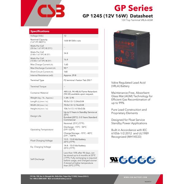 CSB Battery GP1245 12V 16W High Performance Rechargeable Maintenance-Free VRLA 16W Battery
