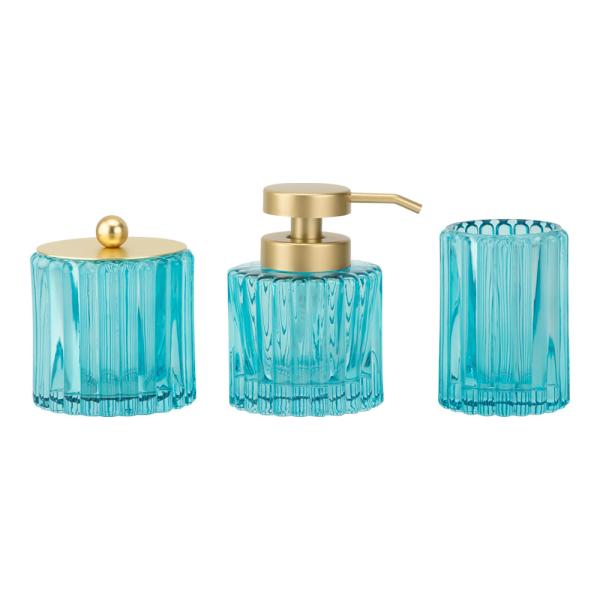 Accessoires de salle de bain modernes en verre bleu Forme ronde avec une bande verticale Dispensateur de savon de salle de bain