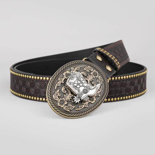 Unisex Vintage Cow Head Embossed PU Leather Belt with Buckle Fastening Western Rivet Belt