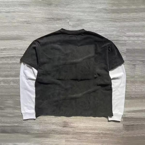 T-shirt de manga larga de doble capa personalizada Impresión de logotipo gráfico T-shirt lavado con ácido solar desvanecido algodón pesado camisetas de caja de gran tamaño para hombres