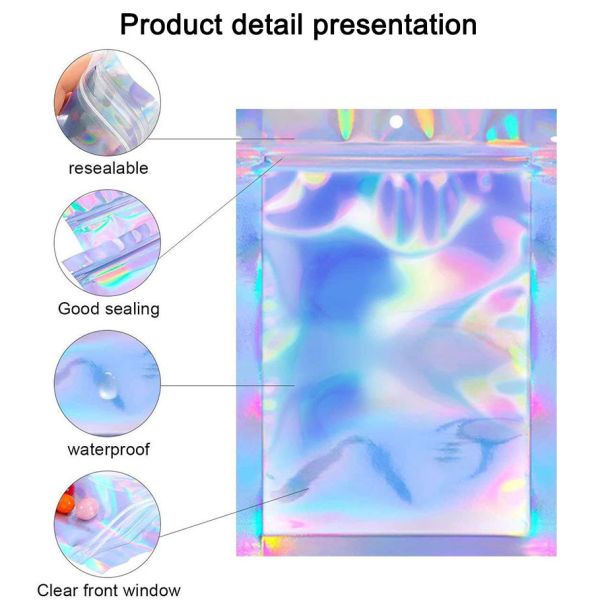 Custom Rainbow Holographic Resealable Paper Pouches Ziplock Bag