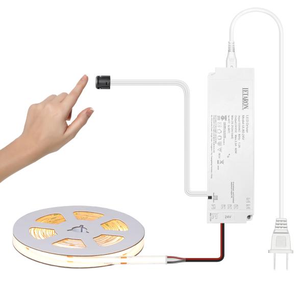 LETARON COB LED Strip Light 24V LED Tape Light,480 pcs/M LEDs,Super Bright High Lumen 3000K  Warm White 5m,Dimmable with 5M Tape,60W UL Power Supply,TOUCH SWITH for Bedroom,Home,Kitchen DIY